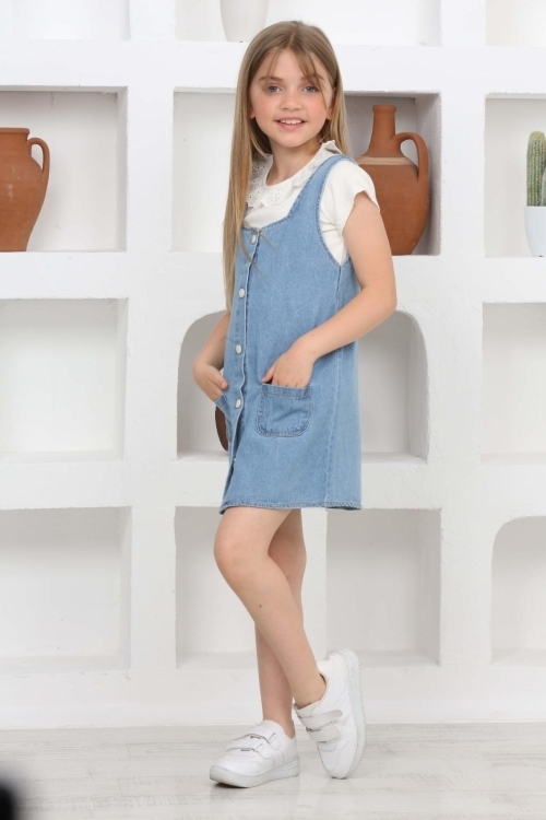 Kız Çocuk 2li Jean Elbise (Salopet Jean Elbise+Bluz)12202