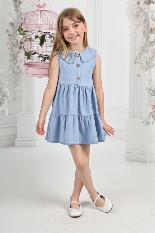 Kız Çocuk 3 Düğmeli-Kolsuz-Pile Etekli Jean Elbise 12200