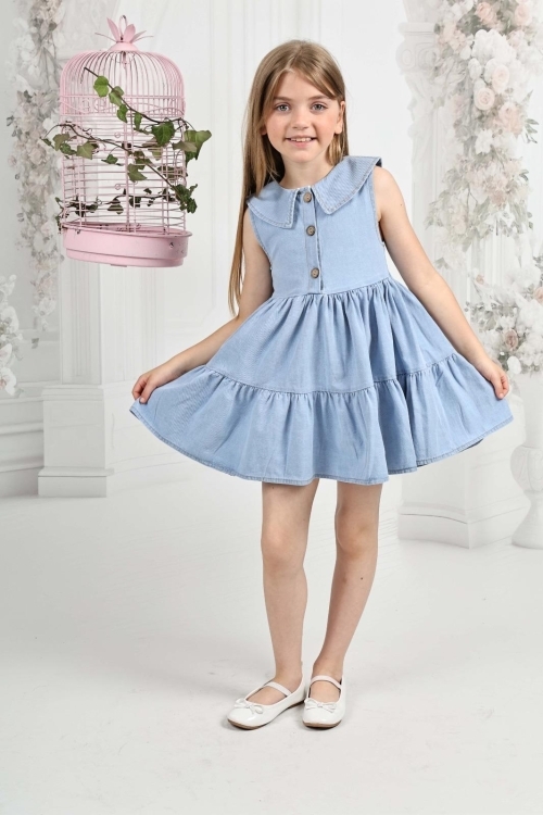 Kız Çocuk 3 Düğmeli-Kolsuz-Pile Etekli Jean Elbise 12200