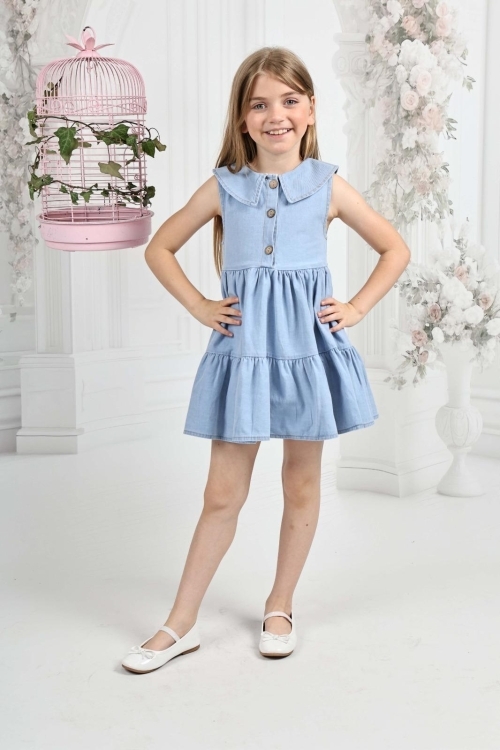 Kız Çocuk 3 Düğmeli-Kolsuz-Pile Etekli Jean Elbise 12200