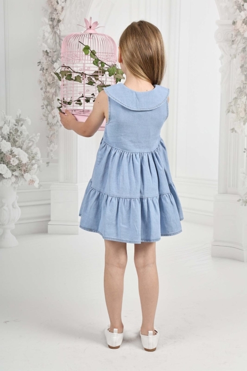 Kız Çocuk 3 Düğmeli-Kolsuz-Pile Etekli Jean Elbise 12200