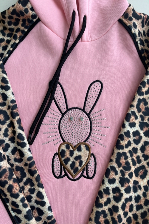 Kız Çocuk 3 İplik Alt-Üst Takım Kapüşonlu Rotasyon Desenli Nakış ve Taş Baskılı 12311