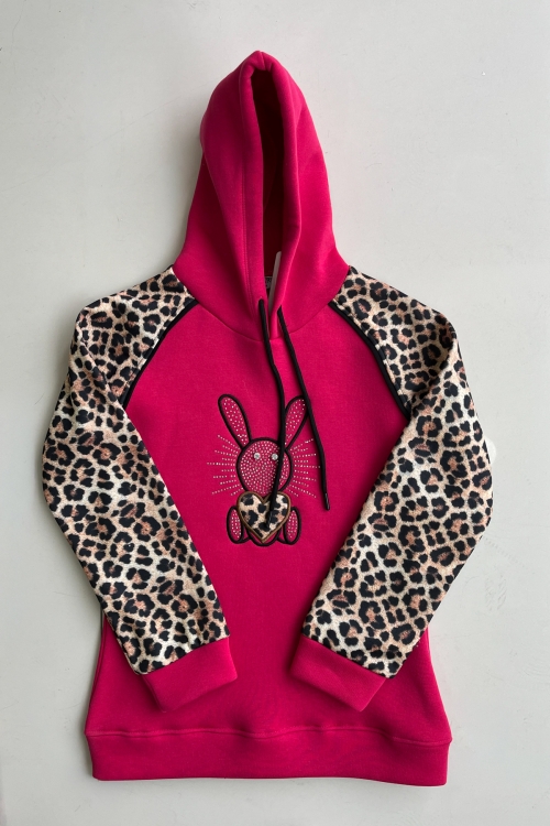 Kız Çocuk 3 İplik Alt-Üst Takım Kapüşonlu Rotasyon Desenli Nakış ve Taş Baskılı 12311