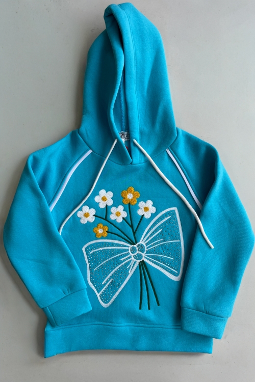 Kız Çocuk 3 iplik Kapüşonlu Nakış ve Taş Baskılı Paça Sıkma Aparatlı Alt-Üst Takım 12310