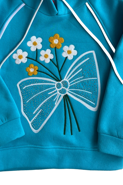 Kız Çocuk 3 iplik Kapüşonlu Nakış ve Taş Baskılı Paça Sıkma Aparatlı Alt-Üst Takım 12310