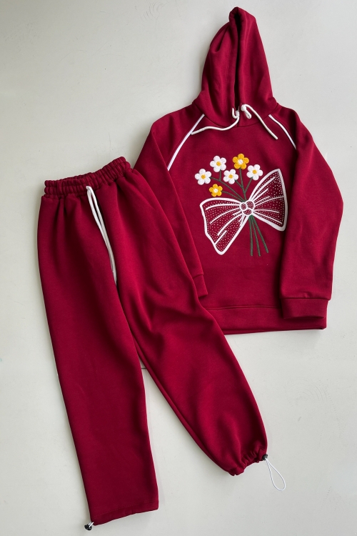 Kız Çocuk 3 iplik Kapüşonlu Nakış ve Taş Baskılı Paça Sıkma Aparatlı Alt-Üst Takım 12310