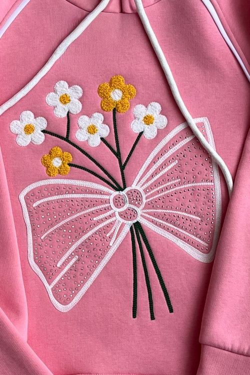 Kız Çocuk 3 iplik Kapüşonlu Nakış ve Taş Baskılı Paça Sıkma Aparatlı Alt-Üst Takım 12310