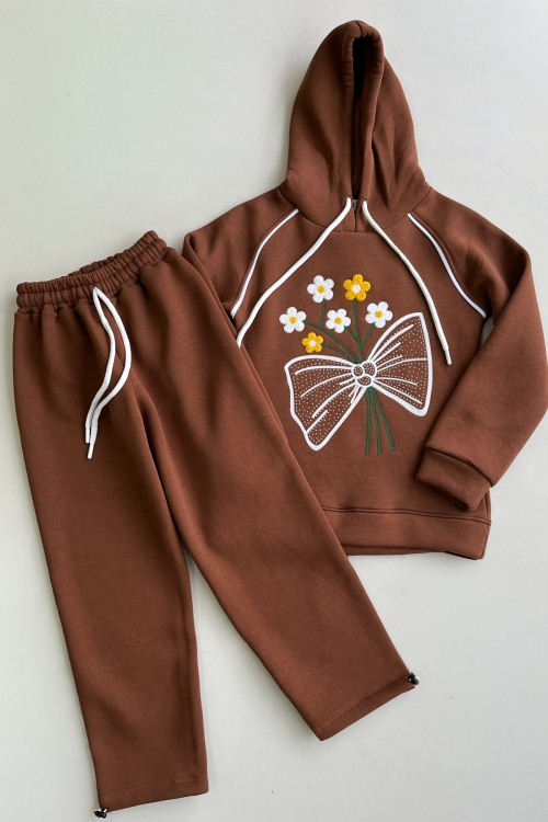 Kız Çocuk 3 iplik Kapüşonlu Nakış ve Taş Baskılı Paça Sıkma Aparatlı Alt-Üst Takım 12310