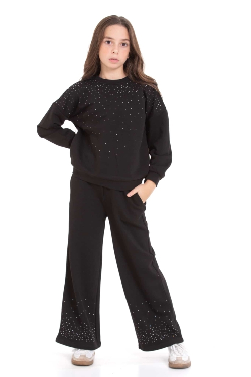 Kız Çocuk 3 İplik Taş Detaylı Alt-Üst Takım 4-12 Yaş 12346