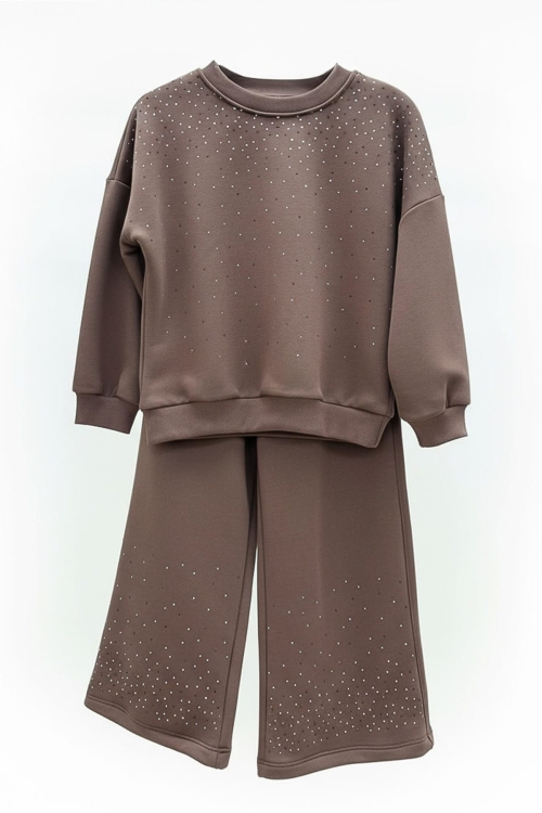 Kız Çocuk 3 İplik Taş Detaylı Alt-Üst Takım 4-12 Yaş 12346