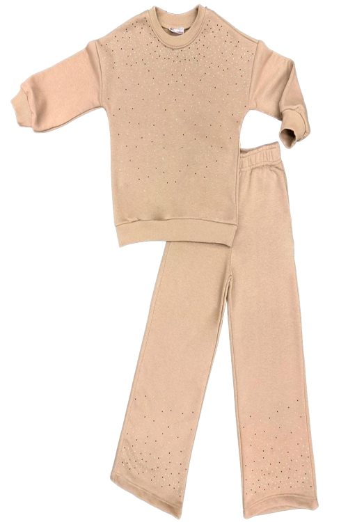 Kız Çocuk 3 İplik Taş Detaylı Alt-Üst Takım 4-12 Yaş 12346