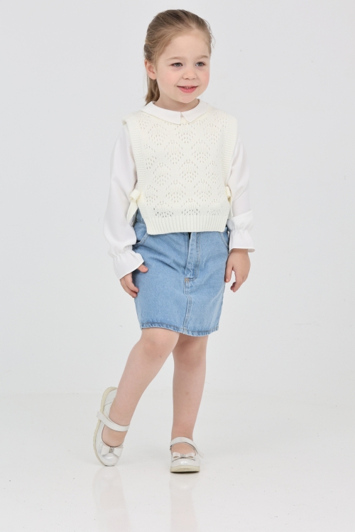 Kız Çocuk 3lü Jean Takım (Jean Etek+Gömlek+Triko Yelek) 12170