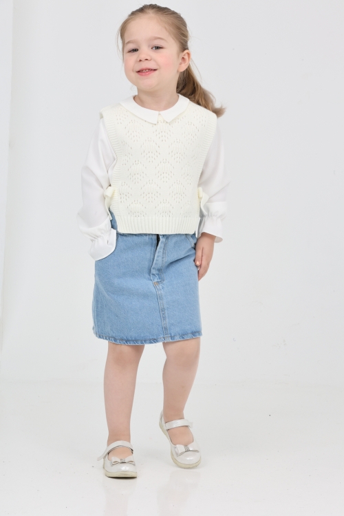 Kız Çocuk 3lü Jean Takım (Jean Etek+Gömlek+Triko Yelek) 12170