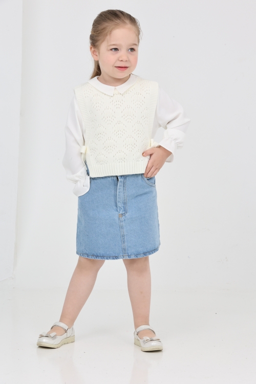 Kız Çocuk 3lü Jean Takım (Jean Etek+Gömlek+Triko Yelek) 12170