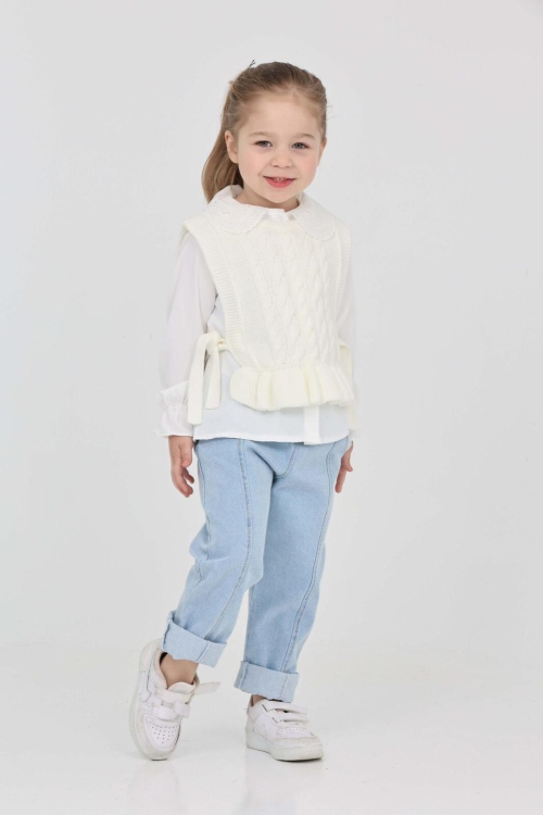 Kız Çocuk 3lü Jean Takım (Jean Pantolon+Gömlek+Triko Yelek) 12193