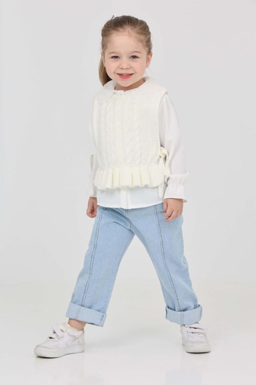 Kız Çocuk 3lü Jean Takım (Jean Pantolon+Gömlek+Triko Yelek) 12193