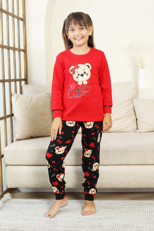 Kız Çocuk Ayıcık Baskılı %100 Pamuk İnterlok Kumaş Pijama Takımı 12347