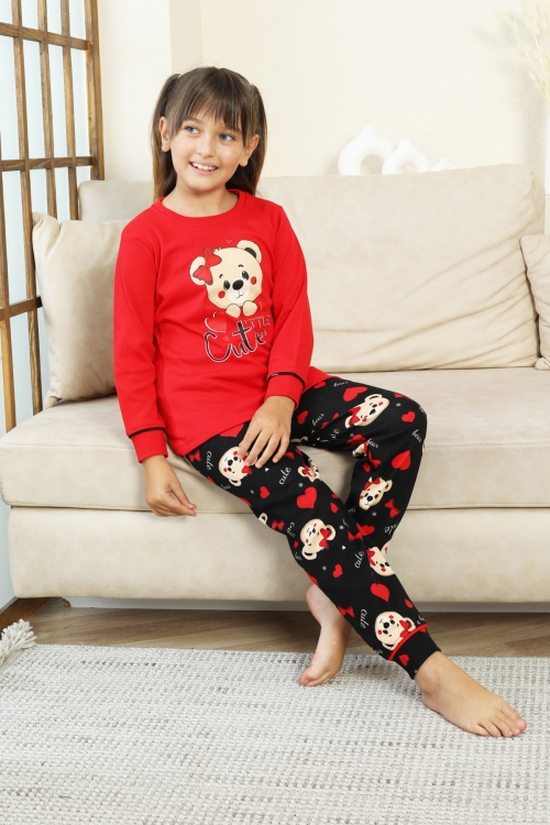 Kız Çocuk Ayıcık Baskılı %100 Pamuk İnterlok Kumaş Pijama Takımı 12347