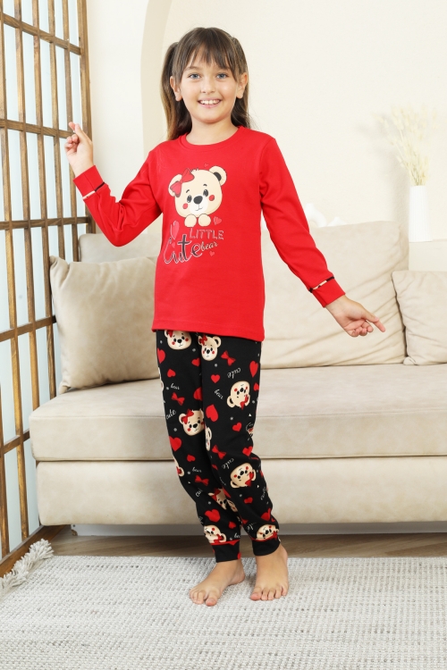 Kız Çocuk Ayıcık Baskılı %100 Pamuk İnterlok Kumaş Pijama Takımı 12347