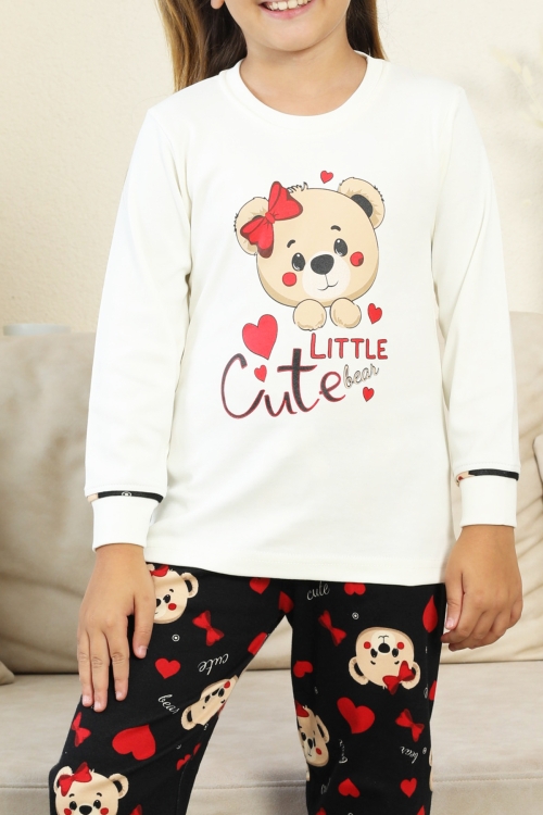 Kız Çocuk Ayıcık Baskılı %100 Pamuk İnterlok Kumaş Pijama Takımı 12347