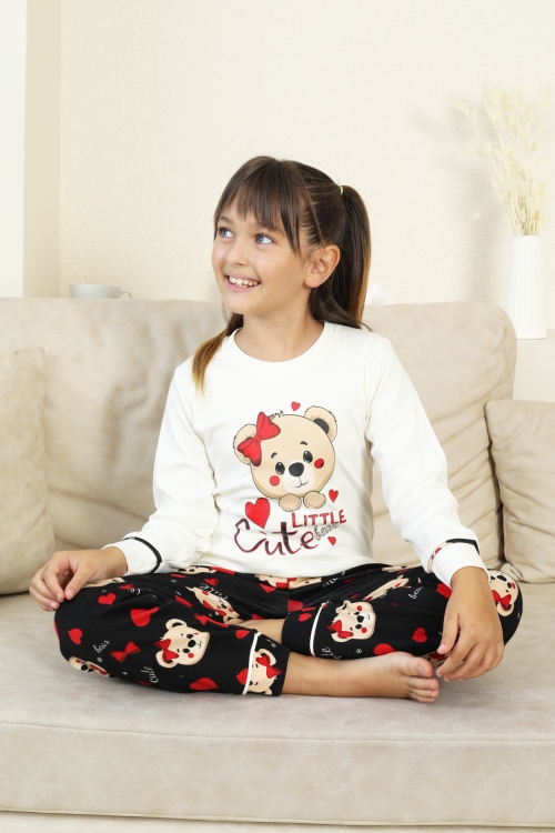 Kız Çocuk Ayıcık Baskılı %100 Pamuk İnterlok Kumaş Pijama Takımı 12347