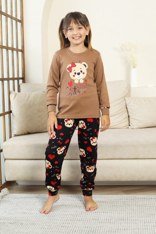 Kız Çocuk Ayıcık Baskılı %100 Pamuk İnterlok Kumaş Pijama Takımı 12347