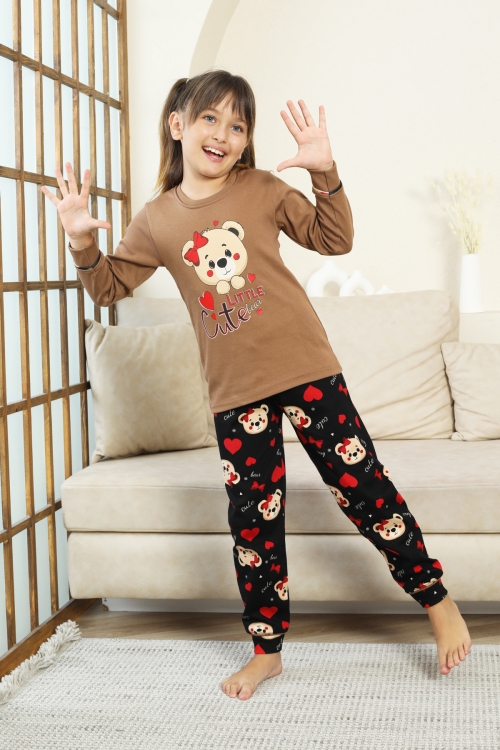 Kız Çocuk Ayıcık Baskılı %100 Pamuk İnterlok Kumaş Pijama Takımı 12347