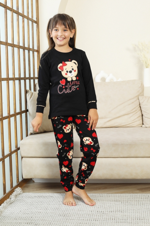 Kız Çocuk Ayıcık Baskılı %100 Pamuk İnterlok Kumaş Pijama Takımı 12347