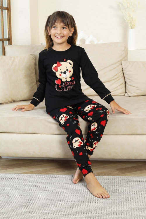 Kız Çocuk Ayıcık Baskılı %100 Pamuk İnterlok Kumaş Pijama Takımı 12347