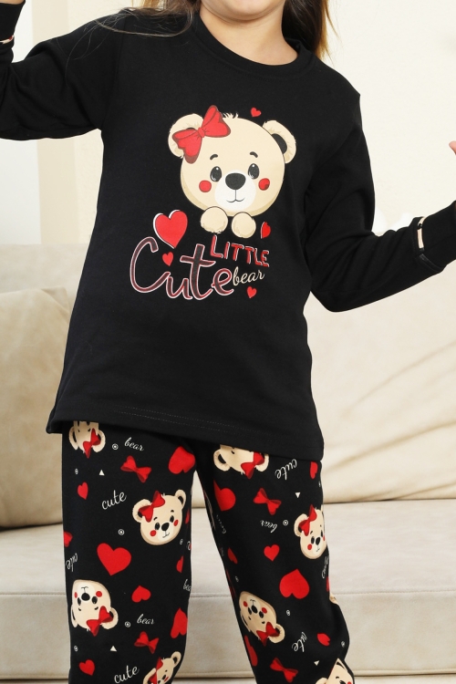 Kız Çocuk Ayıcık Baskılı %100 Pamuk İnterlok Kumaş Pijama Takımı 12347
