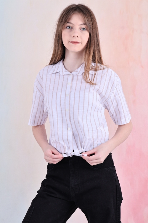 Kız Çocuk Bel Büzgü Detaylı Crop Gömlek 6-14 Yaş 12253