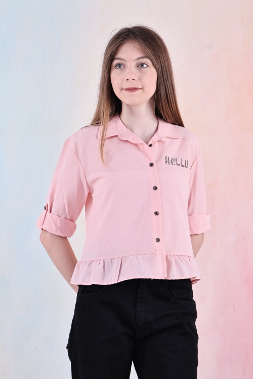 Kız Çocuk Bel Detaylı-Taş Baskılı Crop Gömlek 6-15 Yaş 12254