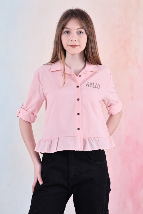 Kız Çocuk Bel Detaylı-Taş Baskılı Crop Gömlek 6-15 Yaş 12254