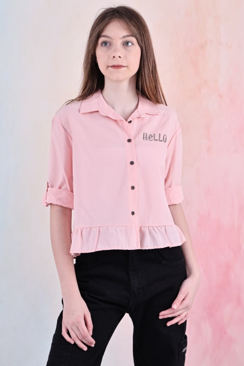 Kız Çocuk Bel Detaylı-Taş Baskılı Crop Gömlek 6-15 Yaş 12254