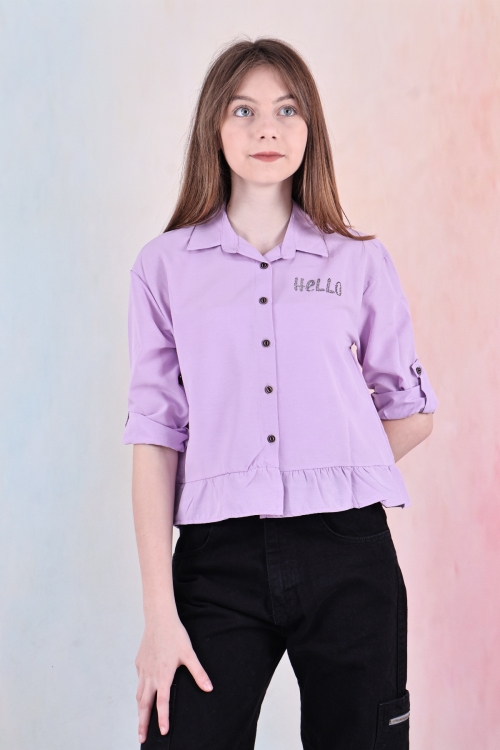 Kız Çocuk Bel Detaylı-Taş Baskılı Crop Gömlek 6-15 Yaş 12254