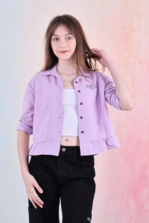 Kız Çocuk Bel Detaylı-Taş Baskılı Crop Gömlek 6-15 Yaş 12254