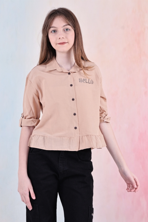 Kız Çocuk Bel Detaylı-Taş Baskılı Crop Gömlek 6-15 Yaş 12254