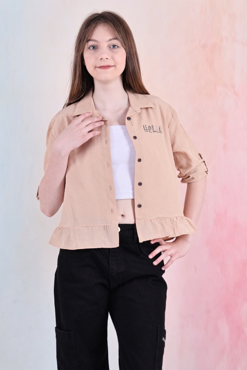 Kız Çocuk Bel Detaylı-Taş Baskılı Crop Gömlek 6-15 Yaş 12254