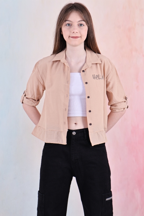 Kız Çocuk Bel Detaylı-Taş Baskılı Crop Gömlek 6-15 Yaş 12254