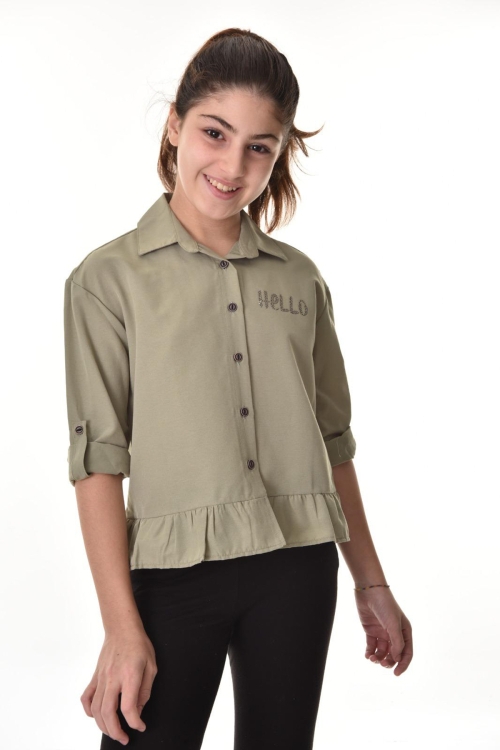 Kız Çocuk Bel Detaylı-Taş Baskılı Crop Gömlek 6-15 Yaş 12254