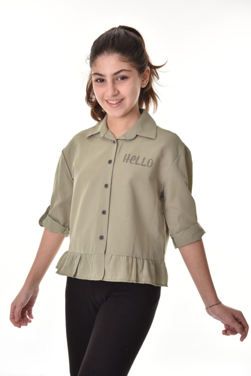 Kız Çocuk Bel Detaylı-Taş Baskılı Crop Gömlek 6-15 Yaş 12254