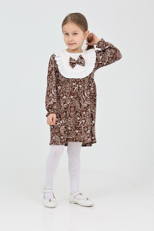 Kız Çocuk Bürümcük Kumaş Yaka ve Fiyonk Detaylı Elbise 12188