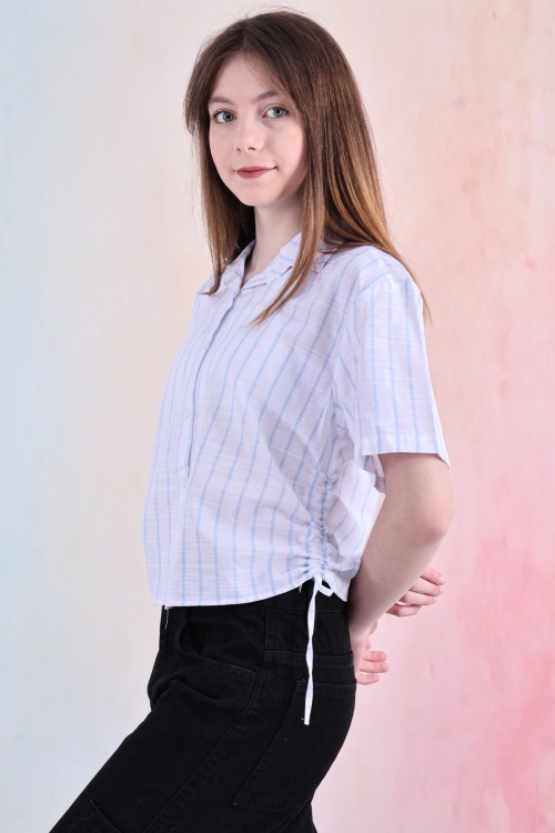 Kız Çocuk Büzgü Detaylı-Çizgi Desenli Crop Gömlek 6-14 Yaş 12251