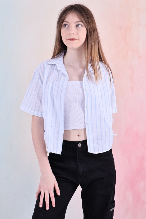 Kız Çocuk Büzgü Detaylı-Çizgi Desenli Crop Gömlek 6-14 Yaş 12251