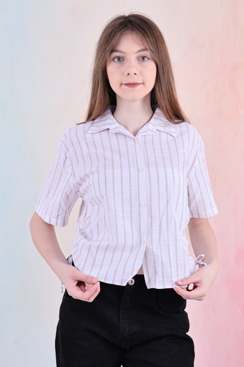 Kız Çocuk Büzgü Detaylı-Çizgi Desenli Crop Gömlek 6-14 Yaş 12251