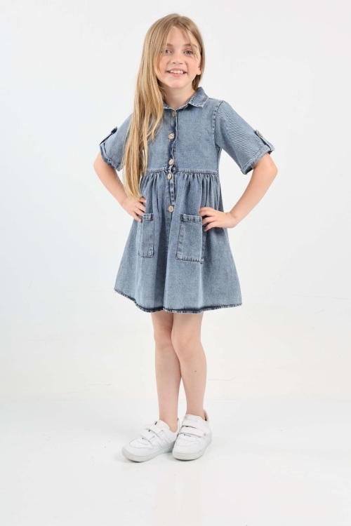 Kız Çocuk Çift Cepli/Düğme Kapamalı Jean Elbise 12199