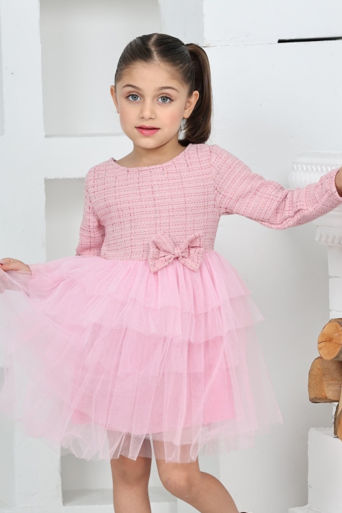 Kız Çocuk Çift Kat Tüllü ve Fiyonklu Elbise 12172
