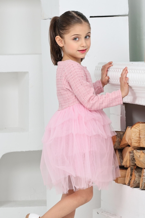 Kız Çocuk Çift Kat Tüllü ve Fiyonklu Elbise 12172