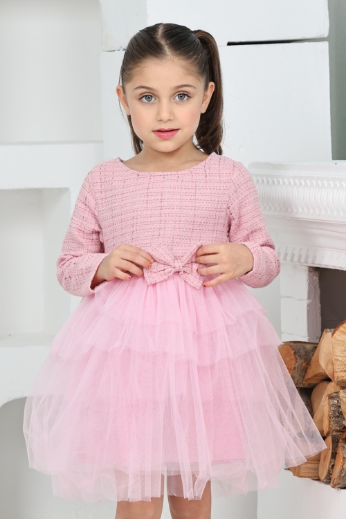 Kız Çocuk Çift Kat Tüllü ve Fiyonklu Elbise 12172