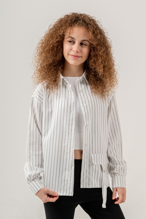 Kız Çocuk Çizgi Desenli Cep Kemer Detaylı Terikoton Gömlek 269-3